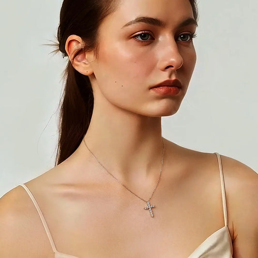 925 Sterling Silver Moissanite Diamond Cross Pendant Necklace