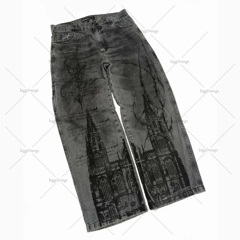 Dark-washed Gothic Harajuku Loose Straight Jeans