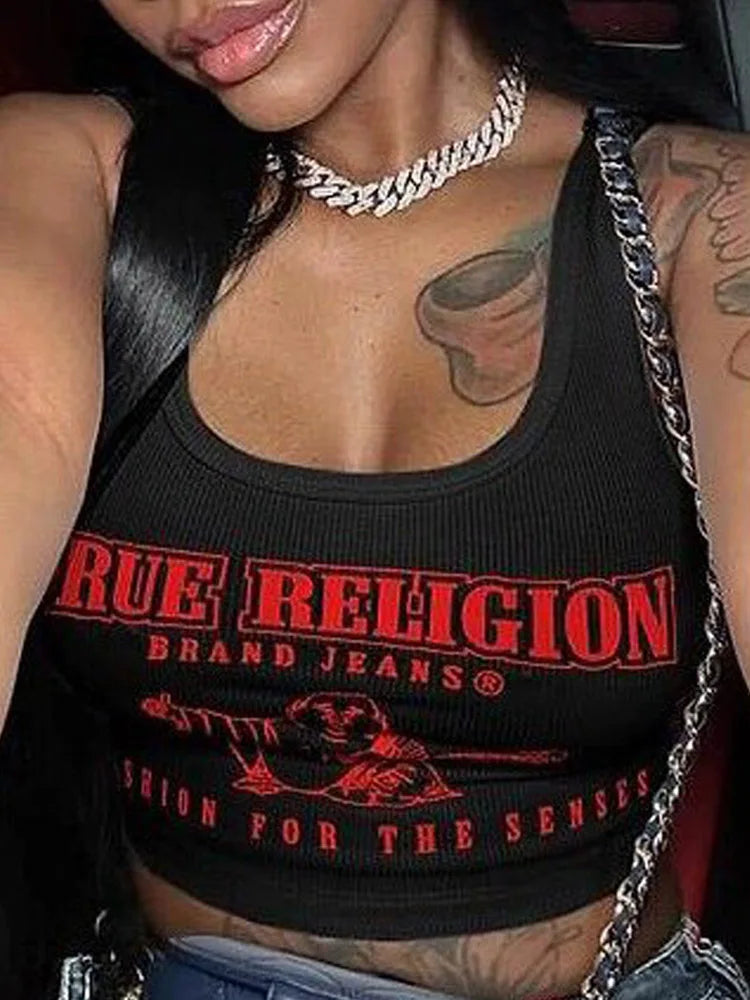 True Religion Graphic Y2K Cropped Tank Top