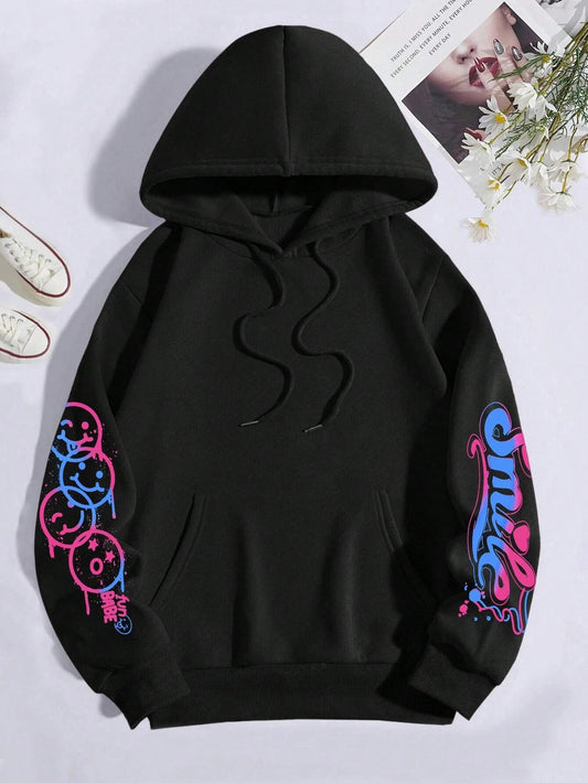 'Happy Day' Graffiti Printed Street Hoodie