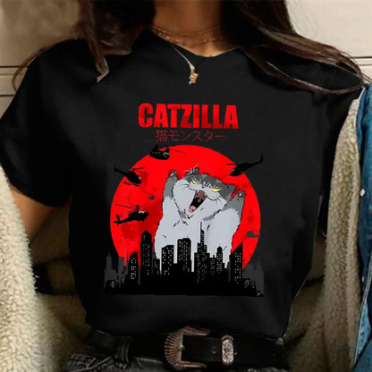 Funny 90s Japanese 'Catzilla' Graphic T-Shirts