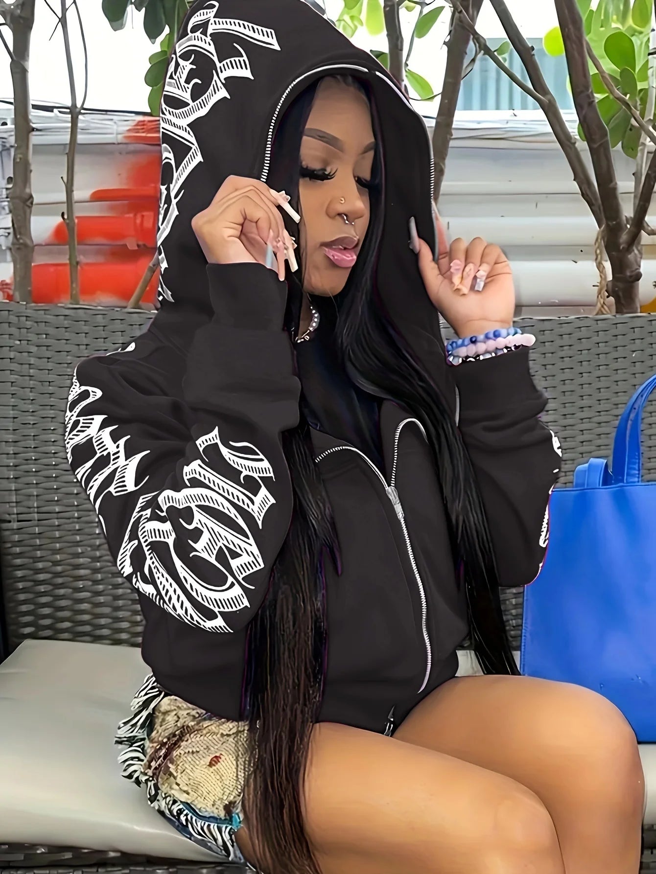 Cyber Y2K Gothic Punk Font Print Long Sleeve Zip Up Hoodie