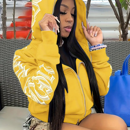 Cyber Y2K Gothic Punk Font Print Long Sleeve Zip Up Hoodie