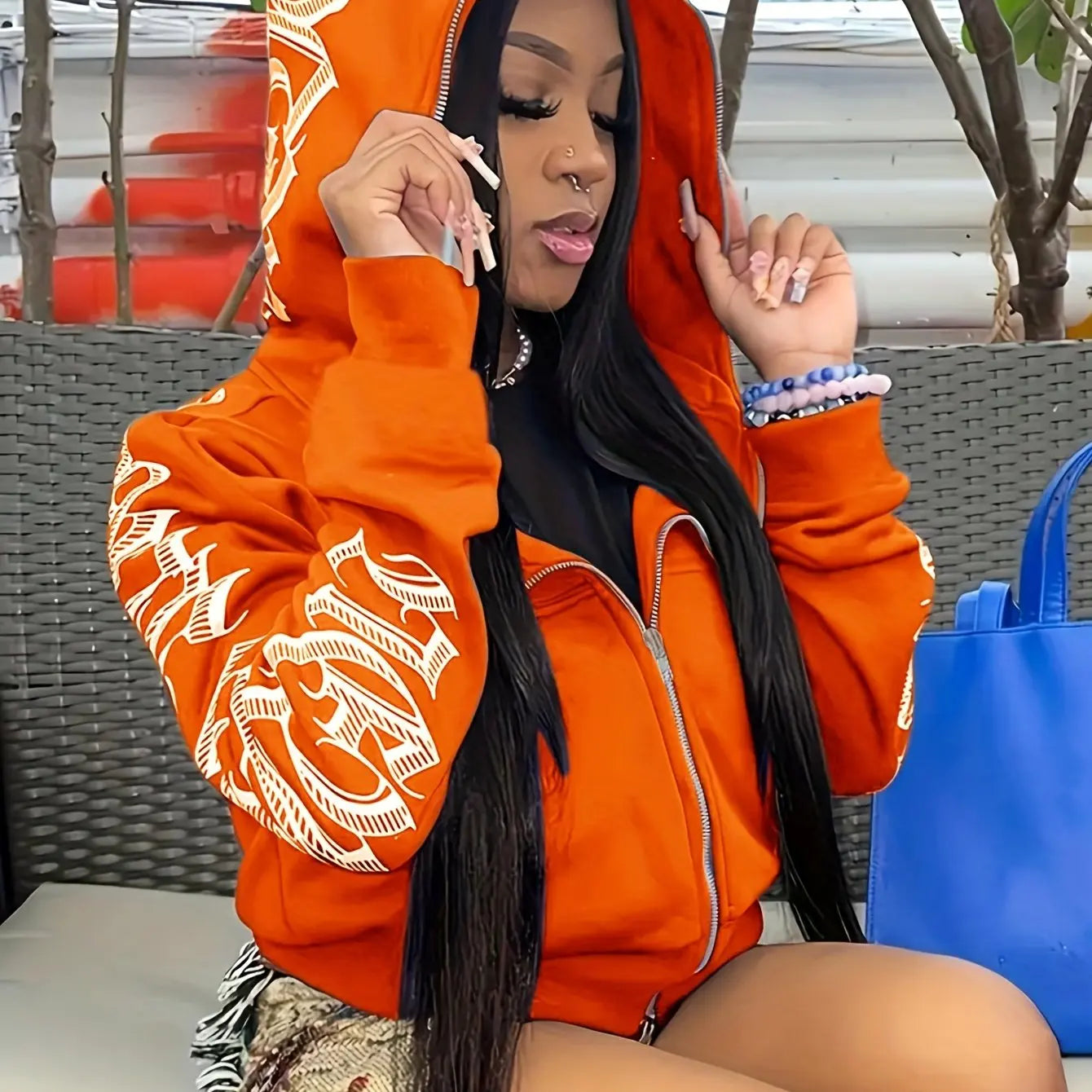 Cyber Y2K Gothic Punk Font Print Long Sleeve Zip Up Hoodie