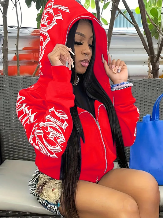 Cyber Y2K Gothic Punk Font Print Long Sleeve Zip Up Hoodie