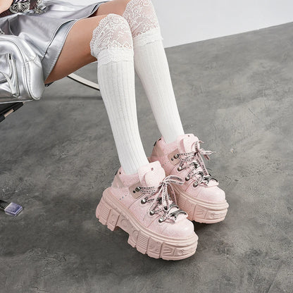 Women's Pink Chunky Punk Platform Ankle Boots