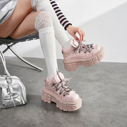 Women's Pink Chunky Punk Platform Ankle Boots