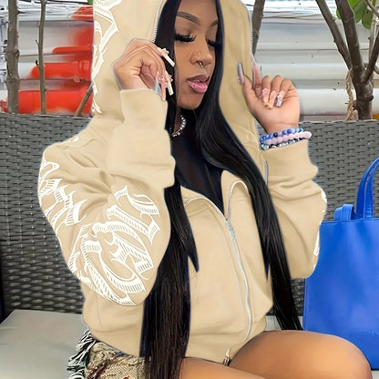 Cyber Y2K Gothic Punk Font Print Long Sleeve Zip Up Hoodie