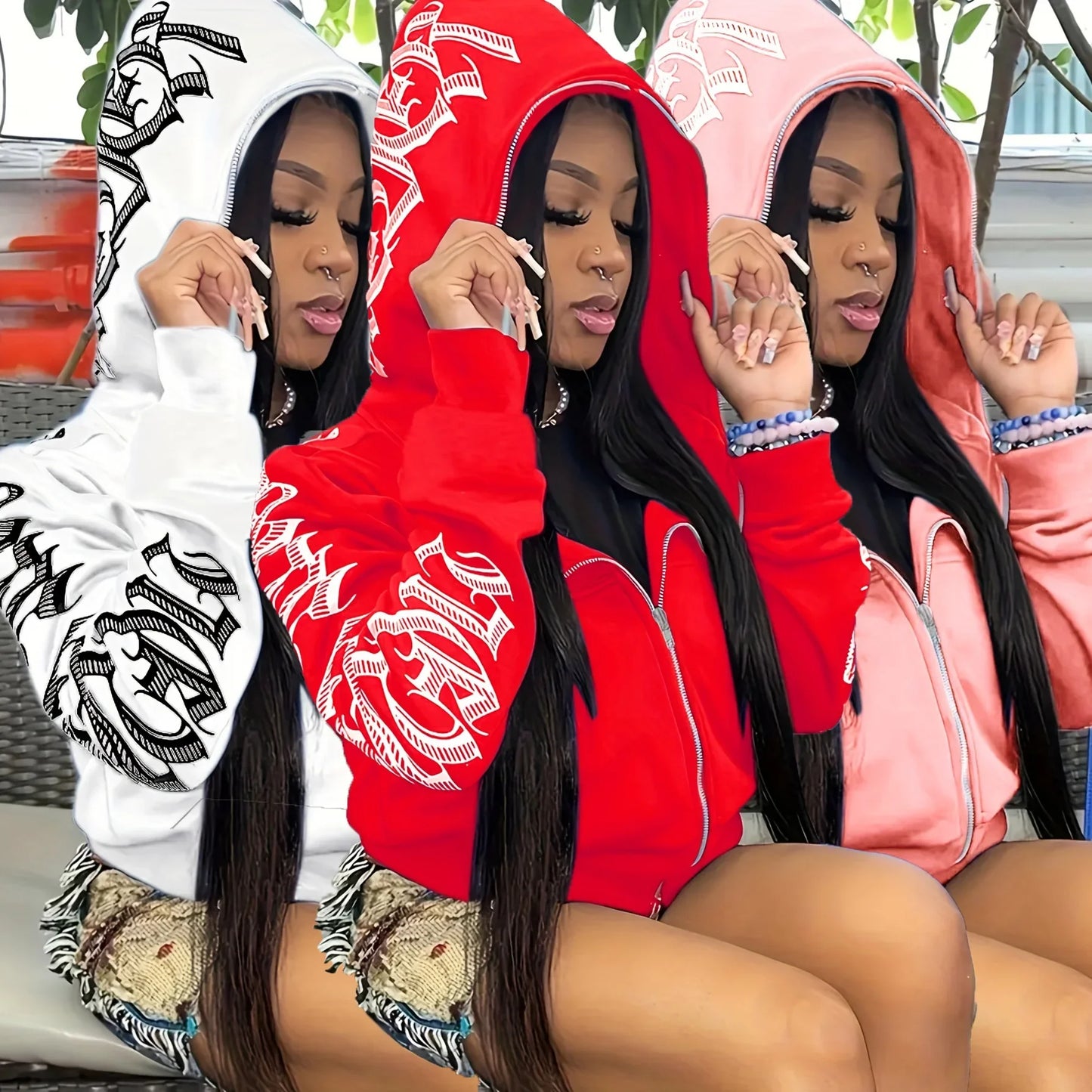 Cyber Y2K Gothic Punk Font Print Long Sleeve Zip Up Hoodie