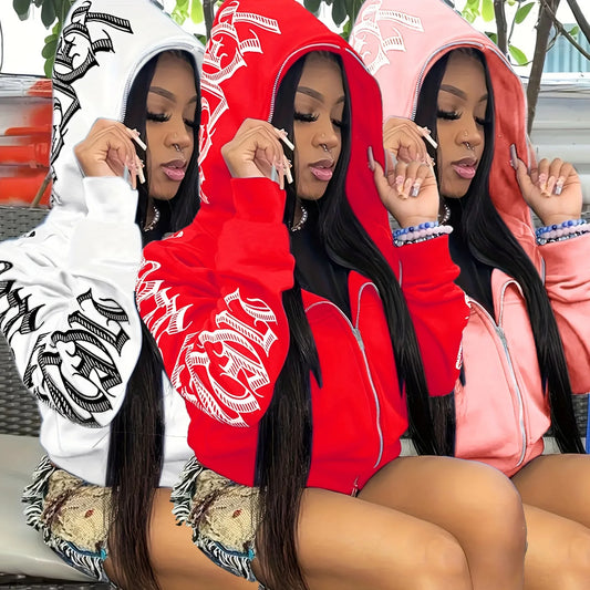 Cyber Y2K Gothic Punk Font Print Long Sleeve Zip Up Hoodie