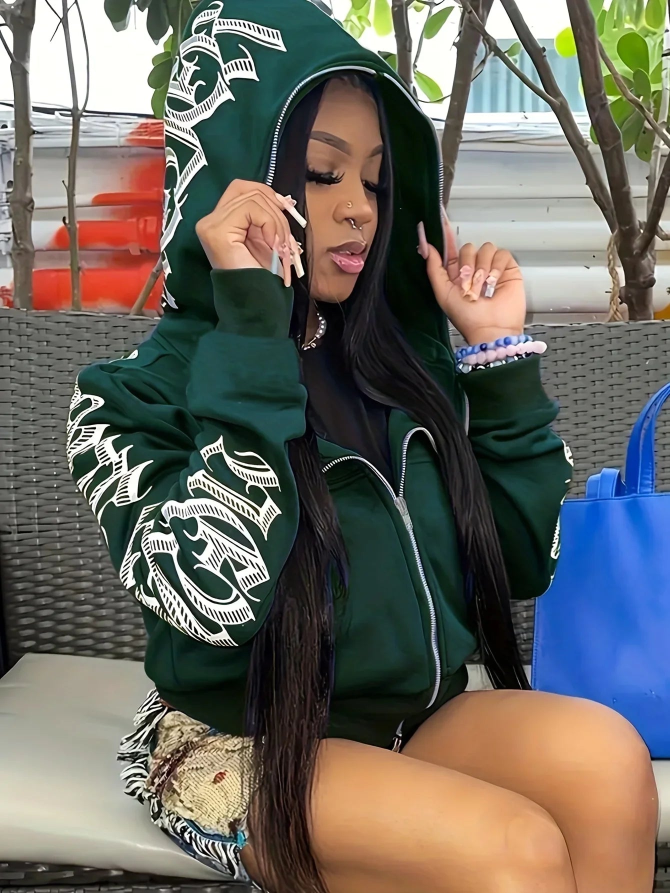 Cyber Y2K Gothic Punk Font Print Long Sleeve Zip Up Hoodie