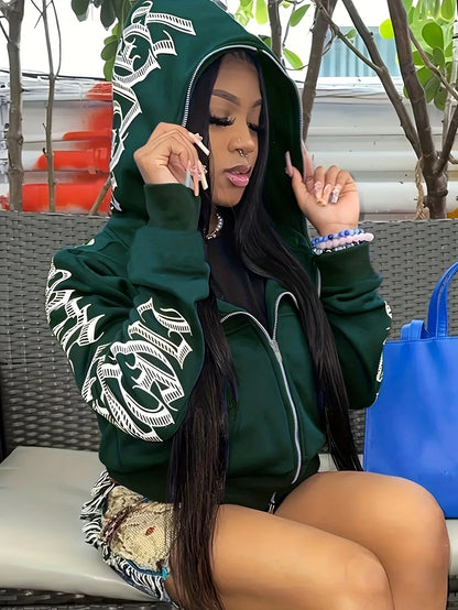 Cyber Y2K Gothic Punk Font Print Long Sleeve Zip Up Hoodie