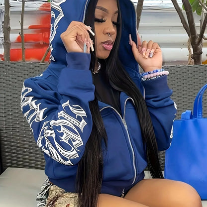 Cyber Y2K Gothic Punk Font Print Long Sleeve Zip Up Hoodie