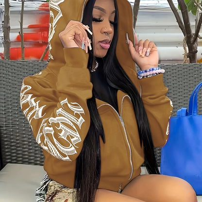 Cyber Y2K Gothic Punk Font Print Long Sleeve Zip Up Hoodie